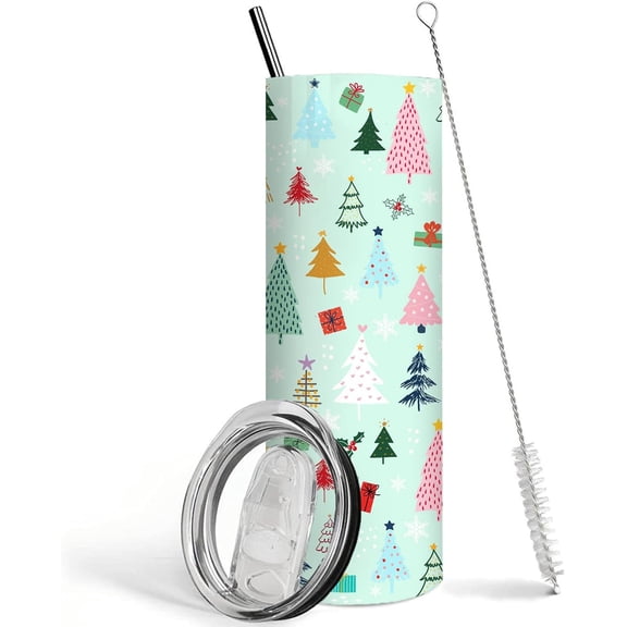 Merry Christmas Holiday Skinny Tumbler with Lid and Straw, Christmas Tree Coffee Mug 20 oz Snowman Christmas Tree Santa Cup,Christmas Gifts for Women