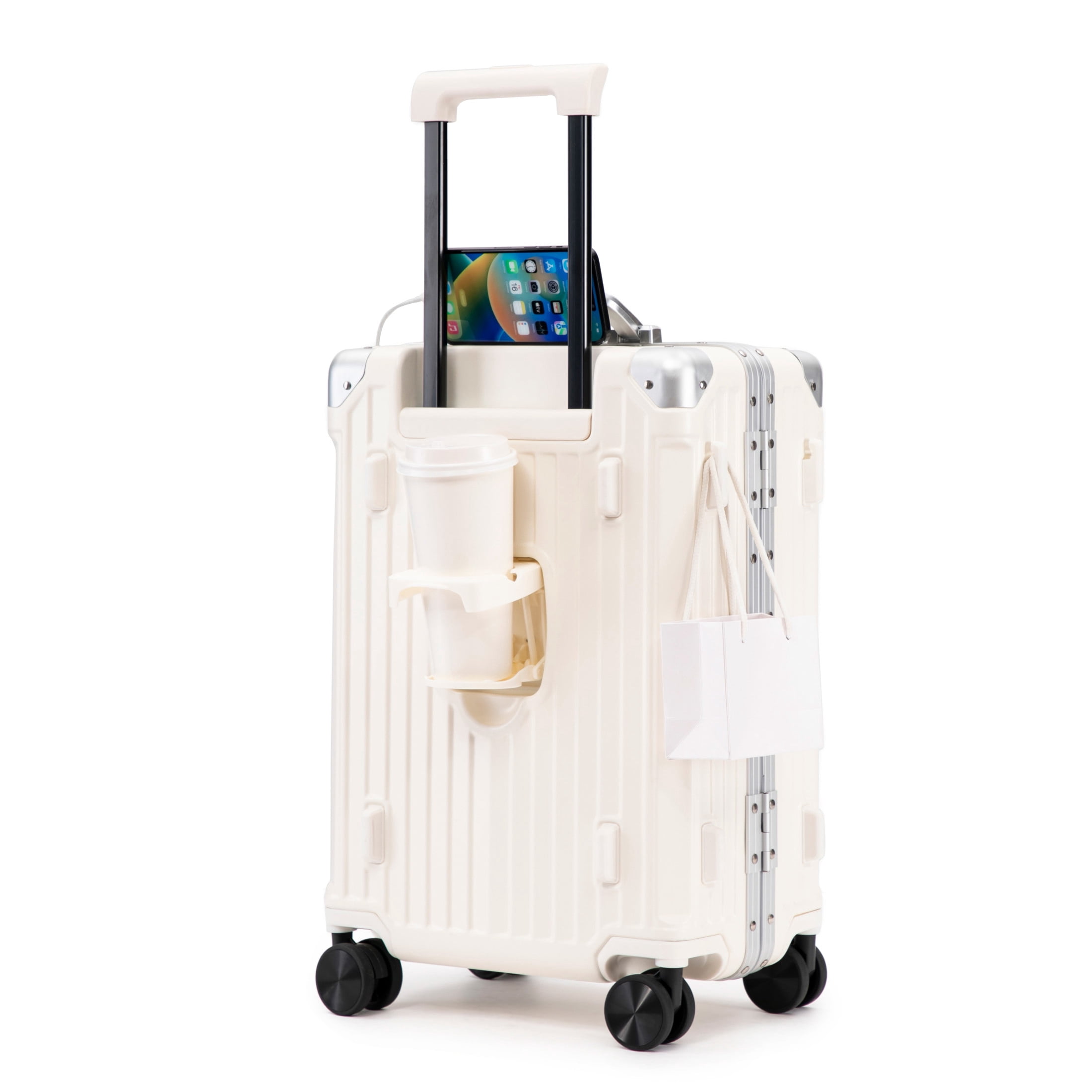 GDF Studio 20" Aluminum Frame ABS Carry-On Luggage with Charging Port & Cup Holder, Spinner Wheels Travel Trolley, Milk White