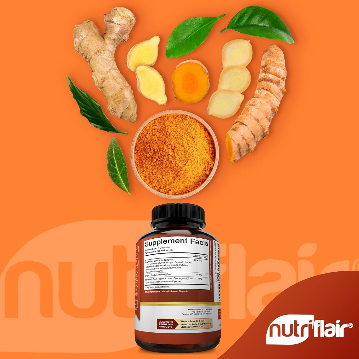 NutriFlair Turmeric Curcumin Supplement with Black Pepper and Ginger, 2250 mg per Serving, 180 Capsules