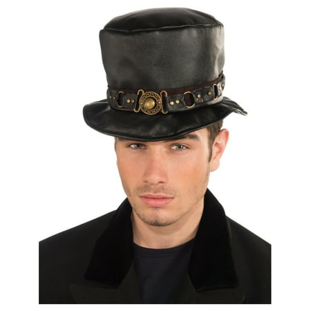 Deluxe Mens Womens Steampunk Black Costume Belted Faux Leather Top Hat