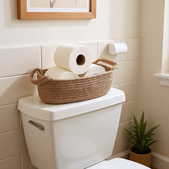 Ngardk Toilet Paper Basket, Bathroom Organizer for Toilet Tank Storage Decor ,Jute Cotton Rope Bin for Bathroom, 13"(L)X5.9"(W)X3.9"(H), Pack of 1, Beige