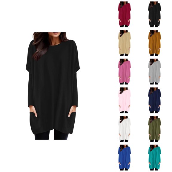 Long Sleeve Tshirt Dress for Women 2026 Casual Crewneck Pullover Tops Mini Dresses Long Tshirts with Pockets