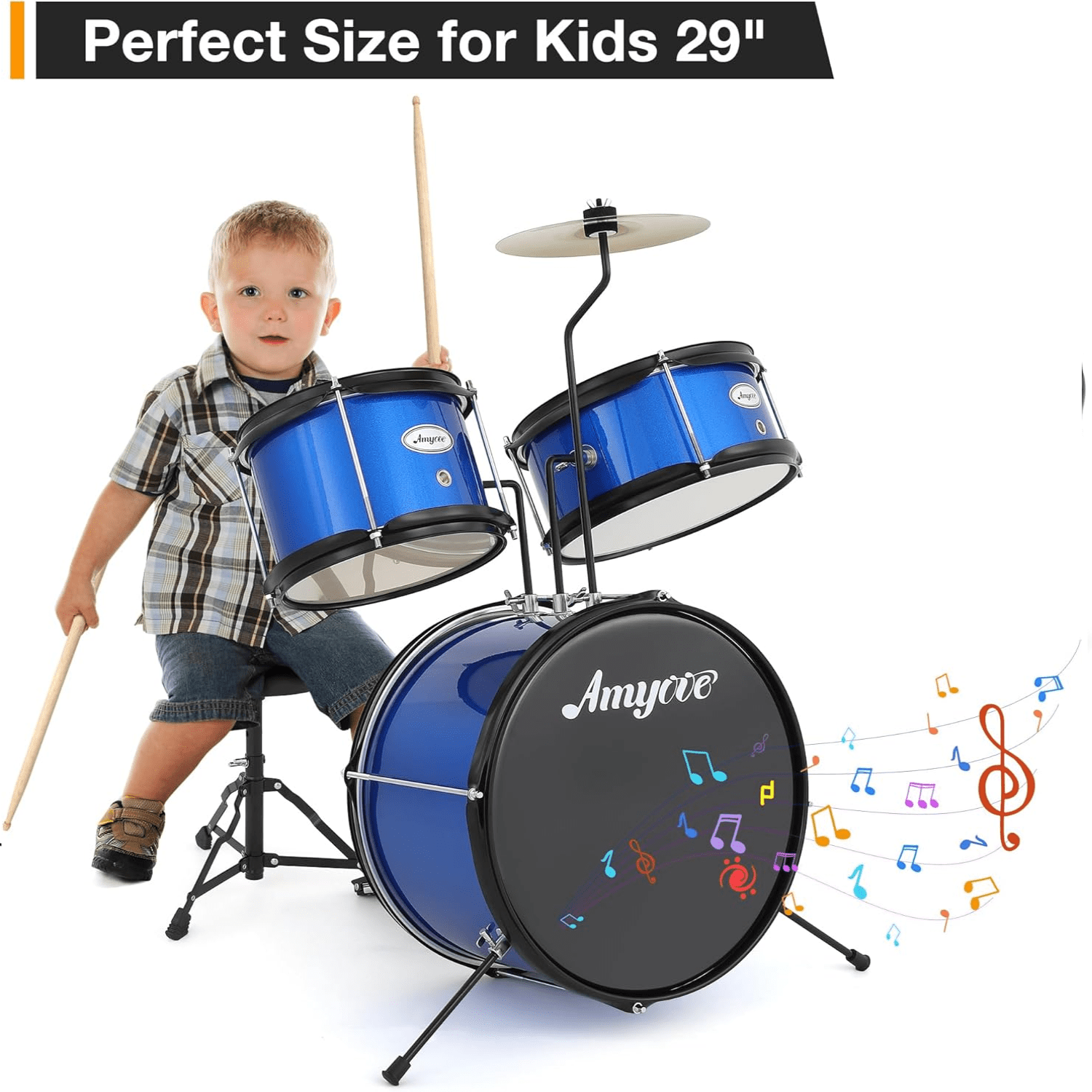 Drum Set for Kids Beginner Set with Bass, 2 Toms, Cymbal, Sticks, Bass Pedal and Stool Percussion Musical Instrument Birthday Playsetl