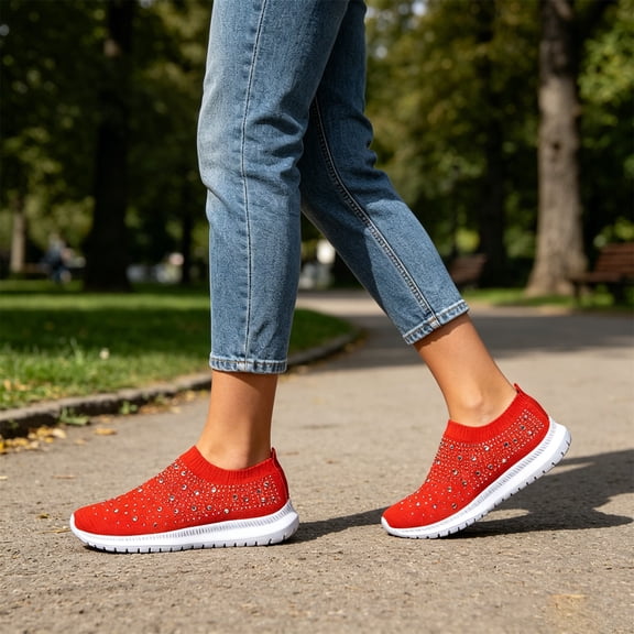 IEMIEMIEM Women's Rhinestone Mesh Shoes Slip On Walking Orthopedic Shoes Fashion Breathable Non Slip Spakle Glitter Sneaker Red 8.5 Wide