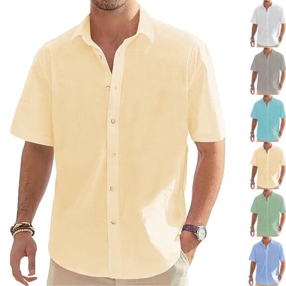 HOMADLES Mens Shirts Casual Button up Shirts for Men Short Sleeve T Shirt Linen Solid Lightweight Tee, Yellow 5XL