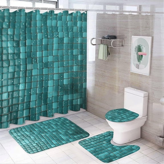 Turquoise Small Dot Tiles Bathroom Sets with Shower Curtain and Rugs 4 Piece Shower Curtain Sets Bathroom Decor Set with Rugs Toilet Lid Cover and Bath Mat Incl Shower Curtain with 12 Hooks