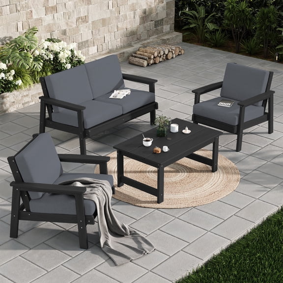 SERWALL 5 Pieces Outdoor HDPE Patio Furniture Sets, Conversation Sets with Cushions, 2 Armchairs & 1 Loveseat & 1 Coffee Table for Poolside, Balcony, Porch & Backyard, Black / Grey