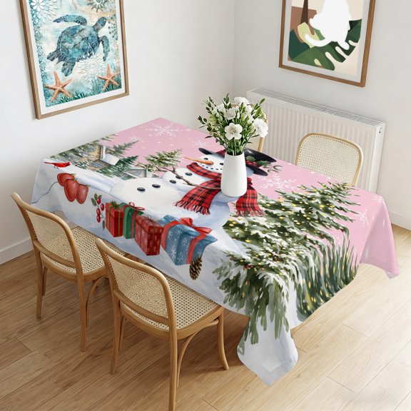 Waterproof Tablecloth Christmas Tree Winter Snowman Rectangle Table Cloth 60x84in,Wipeable Washable Table Cover Falling Snowflake on Pink Tablecloths for Dining Tables Kitchen Picnic Outdoor Party