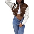 thumbnail image 2 of Women Crop Colorblock Baseball Uniform Short Jackets Leather Printed Long Sleeve Letter Embroidery Coat, 2 of 5