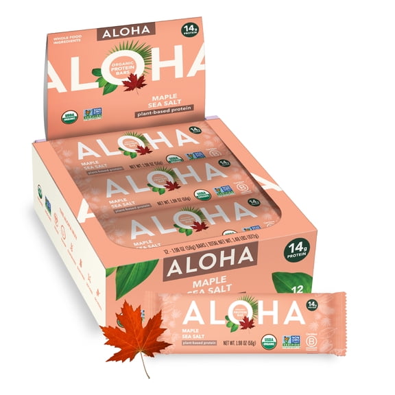ALOHA Plant Based Protein Bars, Maple Sea Salt, 14g Protein (Pack of 12)