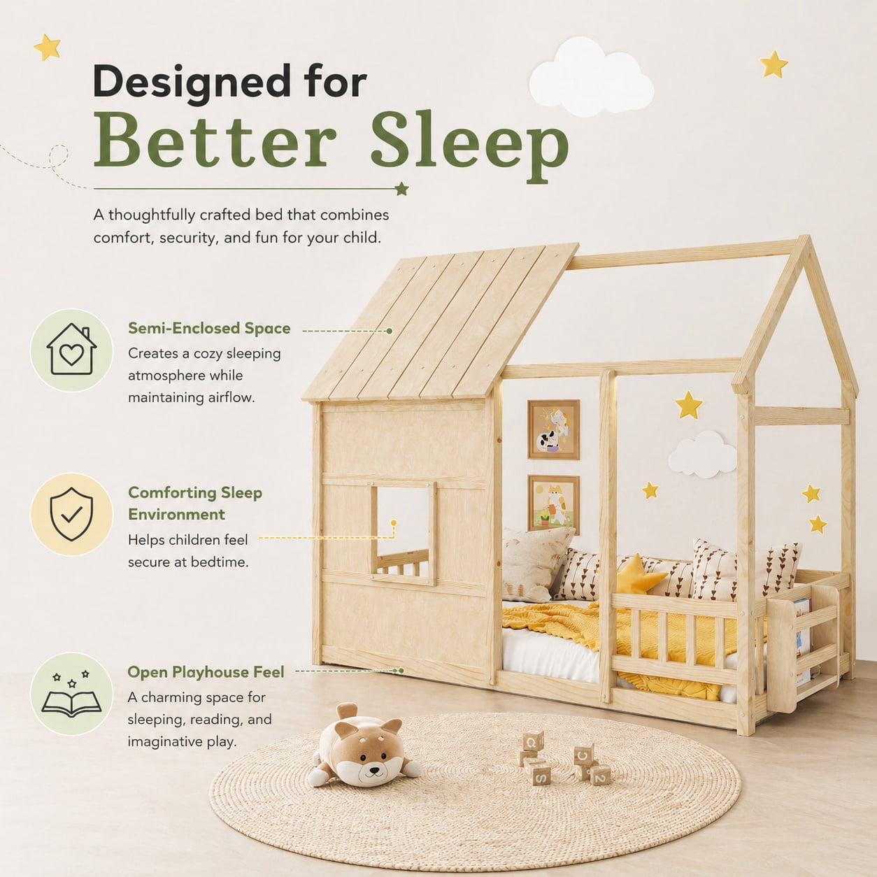 Miniyam Montessori Floor Bed with Roof and Guardrails, Kids House Bed Frame with LED Lights and Bookshelf, Natural