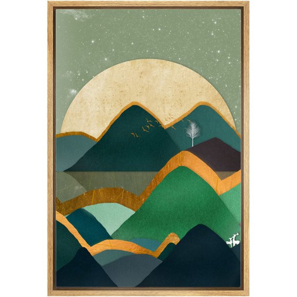 IDEA4WALL Framed Canvas Print Wall Art Full Moon Over Green & Gold Mountain Ranges Abstract Wilderness Illustrations Modern Art Rustic Multicolor for Living Room, Bedroom, Office - 16"x24" Natural