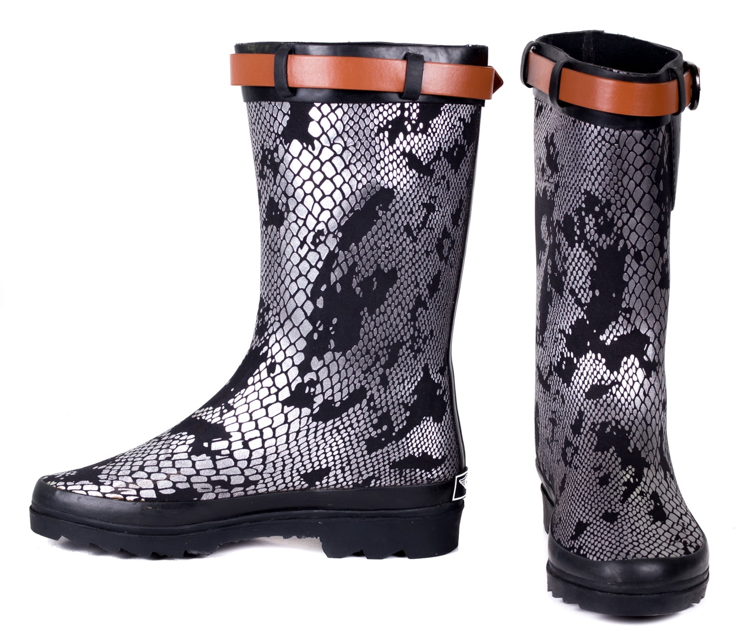 Forever Young Women Rubber Rain Boots, Metallic Snakeskin Design