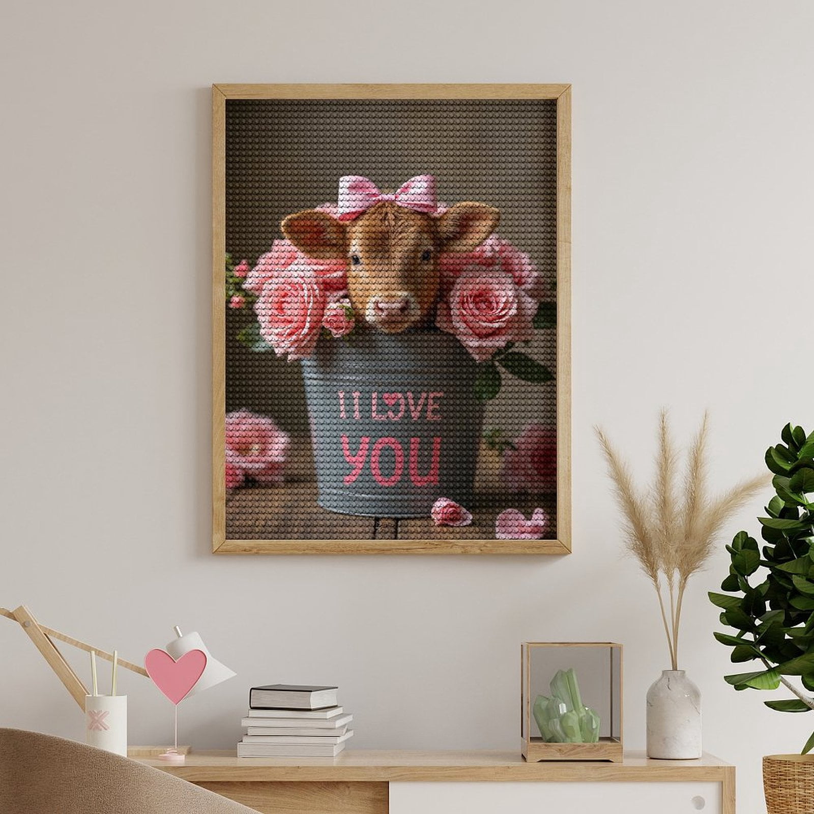 Diamond Art Kits for Adults, Cow Pink Roses Bucket Love 5D Diamond Painting Kits for Adults Beginners, DIY Full Drill Diamond Painting, Gem Art and Crafts 12x16