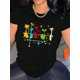 thumbnail image 1 of Camiseta de manga corta para mujer transpirable Moda de veranoWomen's Colorful Cat and Star Print T-Shirt - Casual Round Neck Short Sleeve, Lightweight Polyester Blend, Comfortable Summer Top, Cat S, 1 of 6