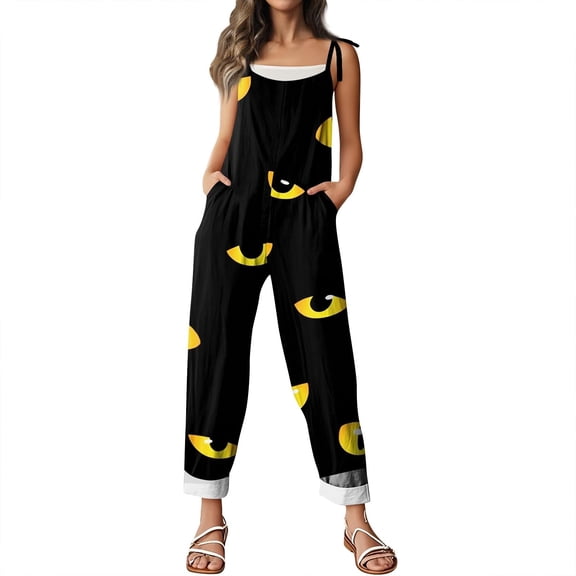 Spring Summer Halloween Jumpsuits, Pumpkin Ghost Cute Print Overalls, Plus Size Boho OverallsHippie Cloth Floral Print Jumpsuits Spaghetti Strap Rompers Fall Fashion Clothes, Black L