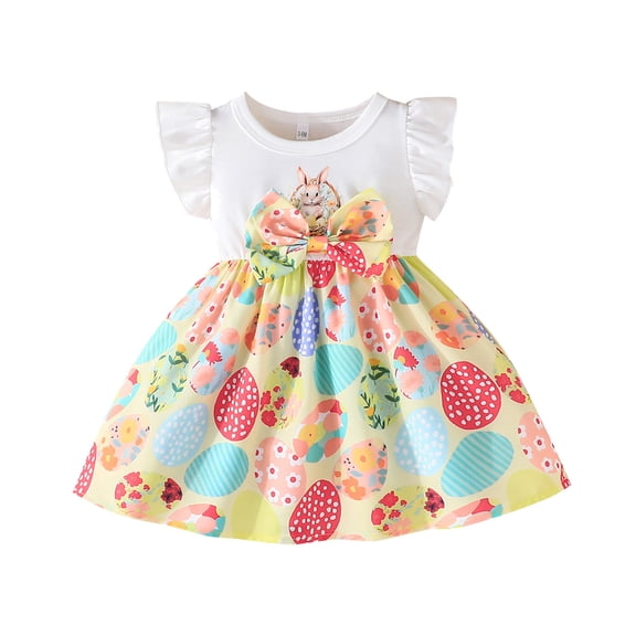 VNKIDY Girls Kids Easter Bunny Print Dress Ruffle Sleeve Crewneck Egg Pattern Skirt Bow Waist Casual Party Dress For Spring Daily Wear Yellow 9-12 Months