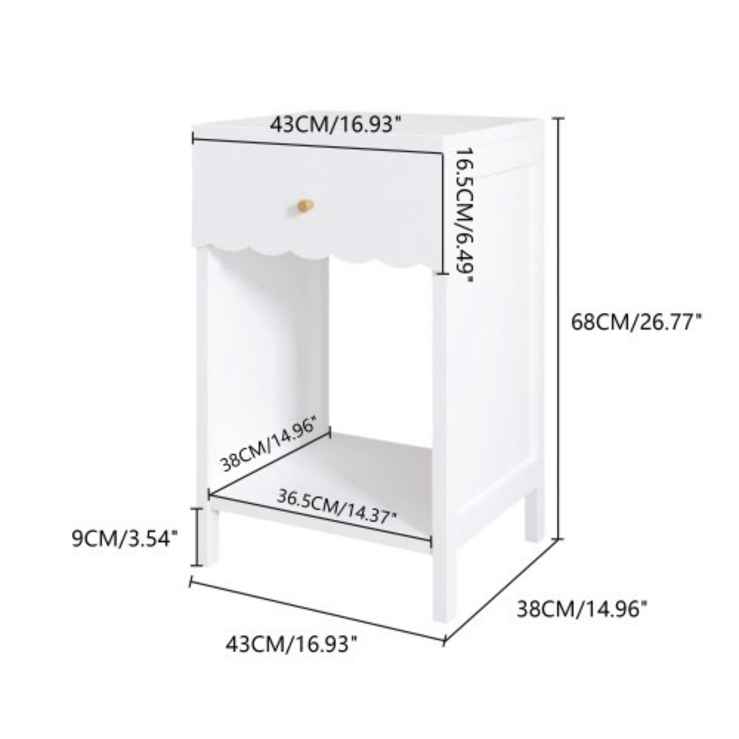 Modern White Nightstand with Drawer and Open Shelf, Scalloped Bedside Table, Cute End Table for Bedroom, Kids Room & Nursery