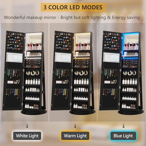 Vlsrka 360° Swivel Mirror Jewelry Cabinet with Lights, Large jewelry armoire cabinet standing, Lockable Free length Mirror with Storage, Rear Storage Shelves, Black