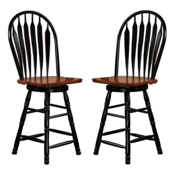 Home Square 24" Swivel Wood Counter Stool in Antique Black & Cherry - Set of 2