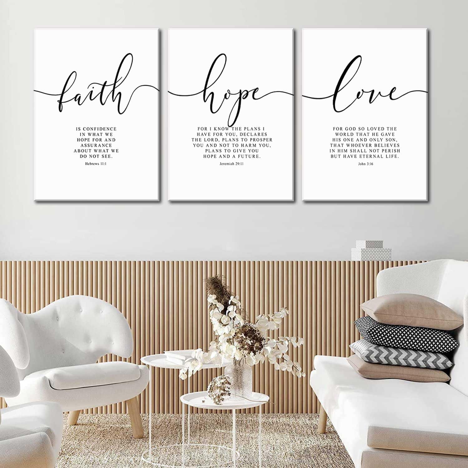 3Pcs Framed Faith Hope Love Bible Verse Canvas Wall Art Christian Scripture Quote Posters Prints Inspirational Religious Wall Decor Pictures Paintings for Living Room Bedroom Home Decoration