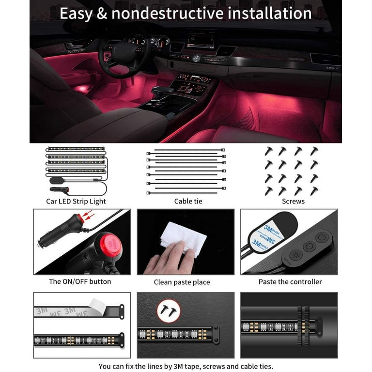 Interior Car Lights, LED Car Strip Lights with Two-Line Waterproof Design,  48 LEDs App Control Car Light Kit, DIY Mode and Music Sync Under Dash Car  Lighting with Car Charger, DC 12V 