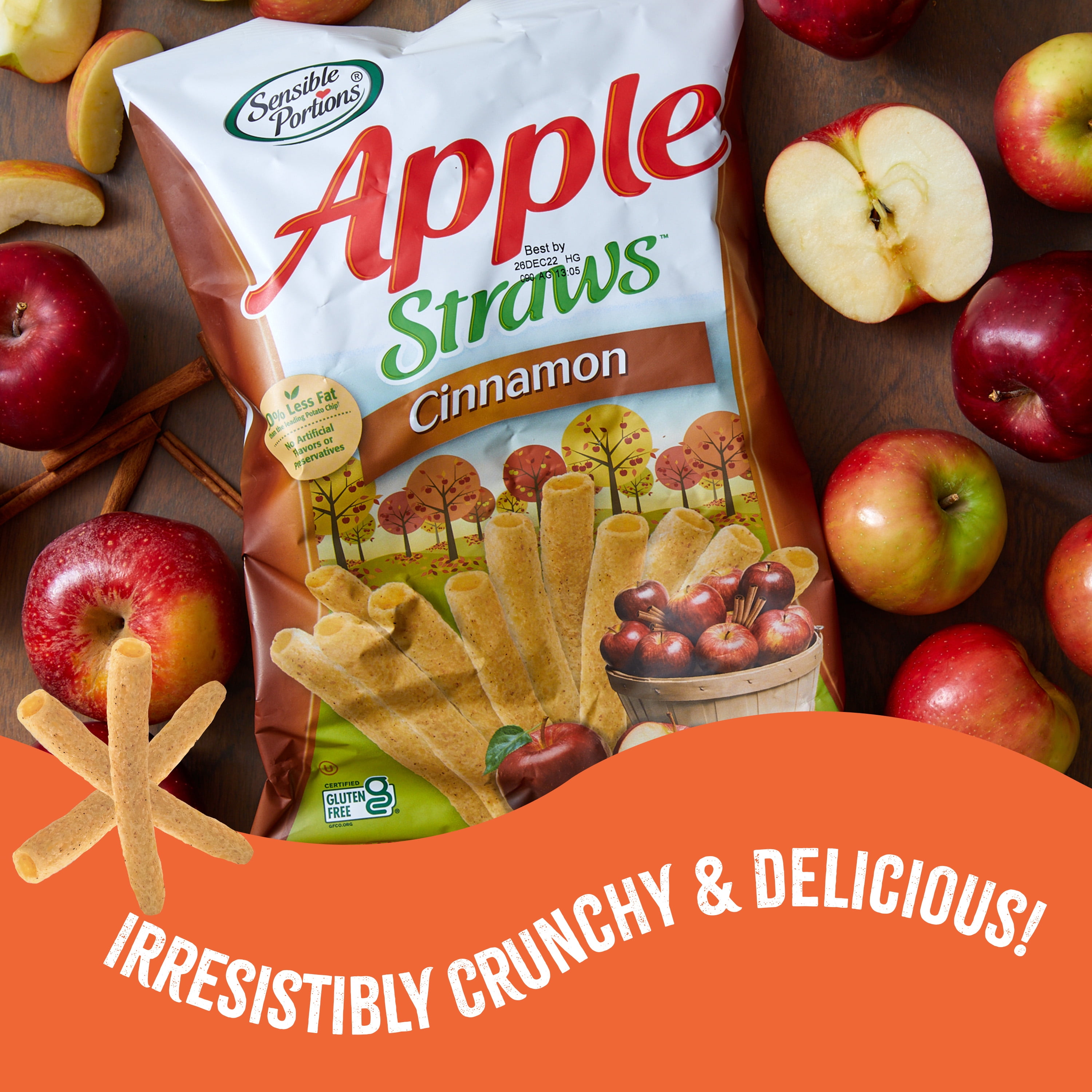 Sensible Portions Gluten-Free Cinnamon Apple Straws Multipack, 1 oz Snack Bag, 24 Count