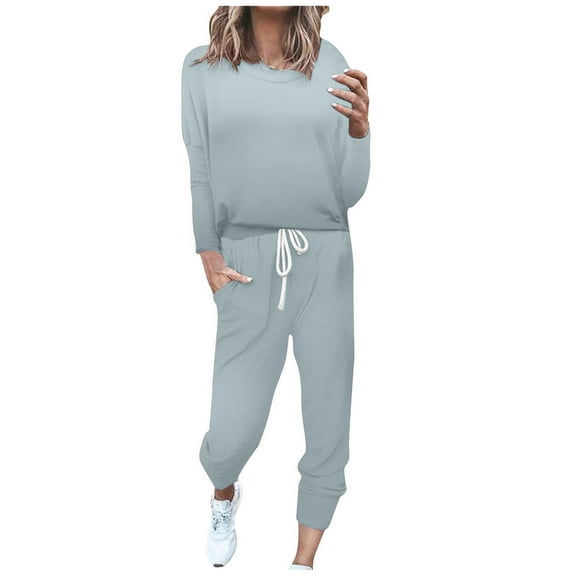 EHQJNJ Sweatsuit Outfits for Women 2 Piece Set Zip Up Sweatsuit Set for Women Petite Women's Solid Color Round Neck Casual Loose Long Sleeve Top and Pants Set