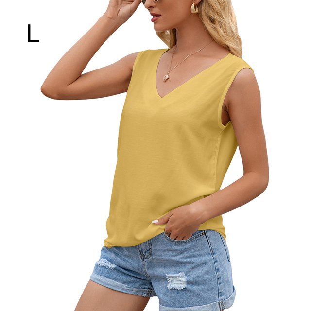 Camiseta de mujer Sexy Hollow Lace Manga corta Cuello en V Top informal suelto, Amarillo, L sidaley AP001247-07