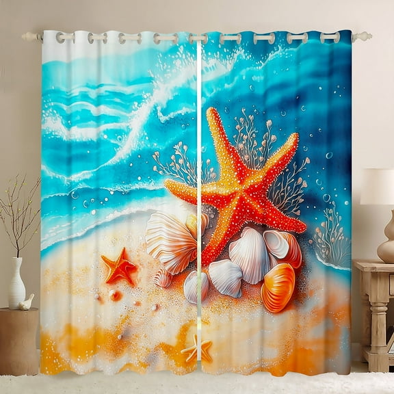 Erosebridal Orange Starfish Curtains and Drapes (38x45), Sea Beach 30%-50% Blackout Curtains for Bedroom, Blue Ocean Curtains for Living Room, Window Drapes Bedroom Decoration