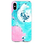 DistinctInk Clear Shockproof Hybrid Case for iPhone XS Max (6.5" Screen) - TPU Bumper, Acrylic Back, Tempered Glass Screen Protector - Blue Pink White Marble Image Print - Printed Marble Image
