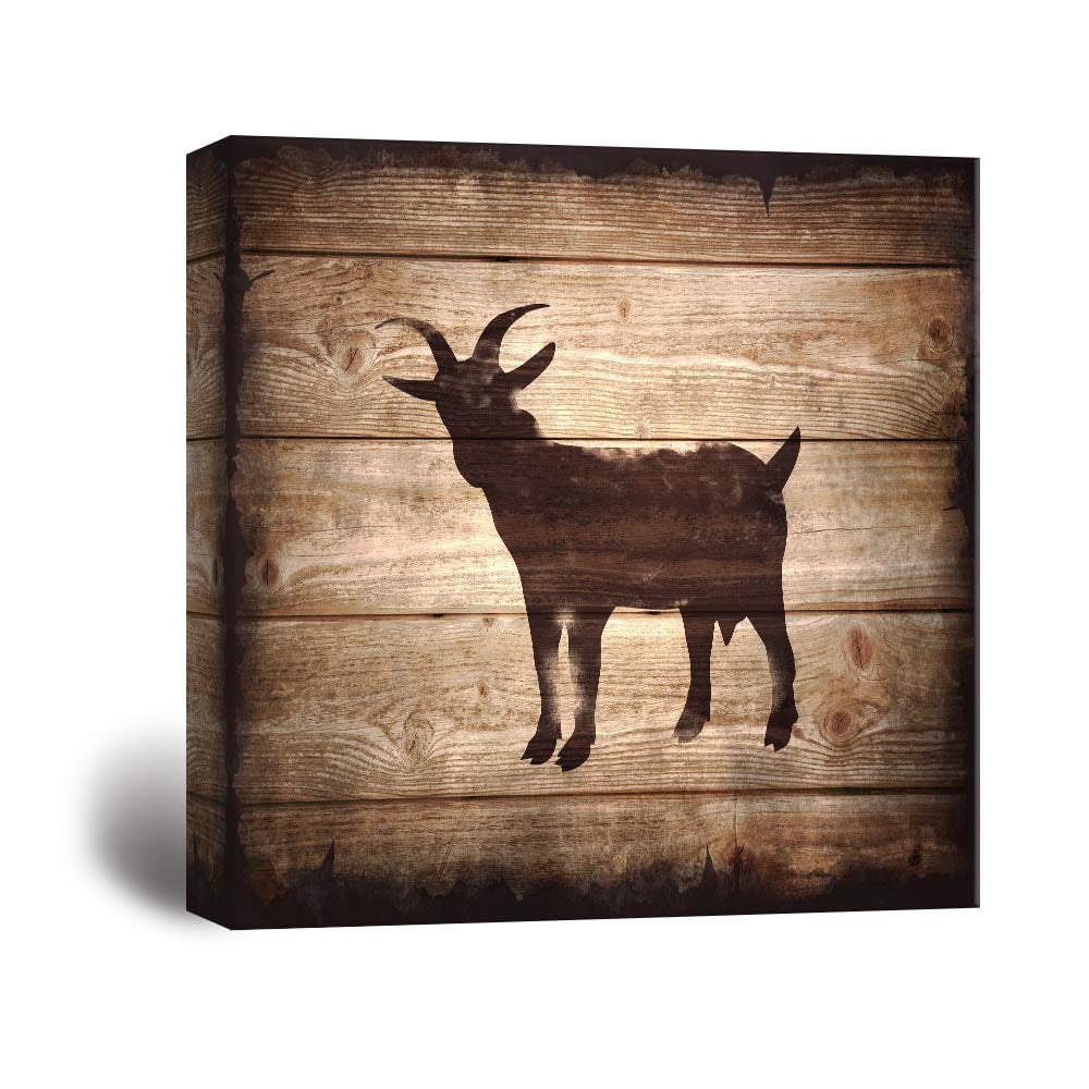 Wall26 Square Canvas Wall Art Goat Silhouette on Rustic Wood Board