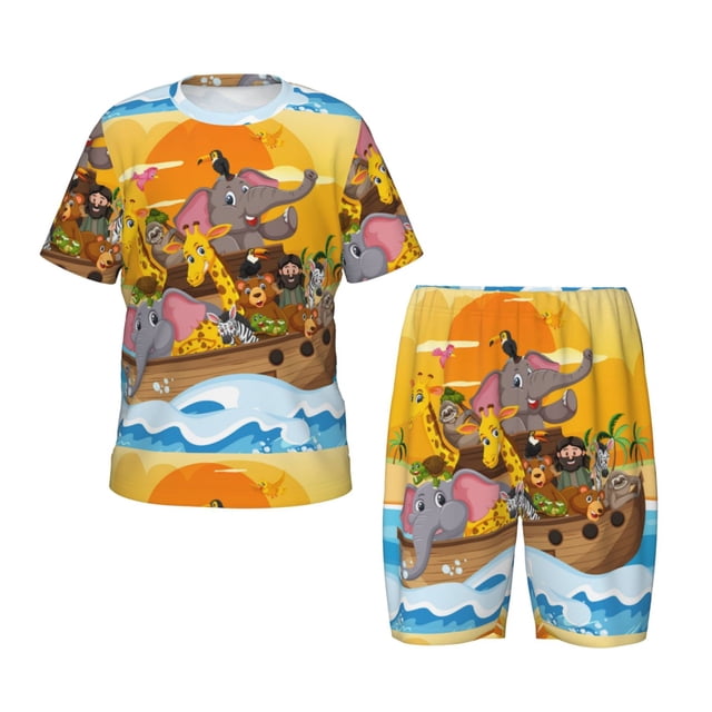 Balery Animals on Noah's Ark1 Conjunto de Pijama Infantil de Manga Corta con Estampado – Ropa de Dormir de Algodón Suave-Large