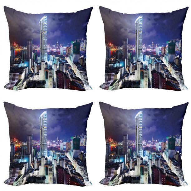 City Throw Pillow Cushion Case Pack of 4, Downtown in Hong Kong Urban
