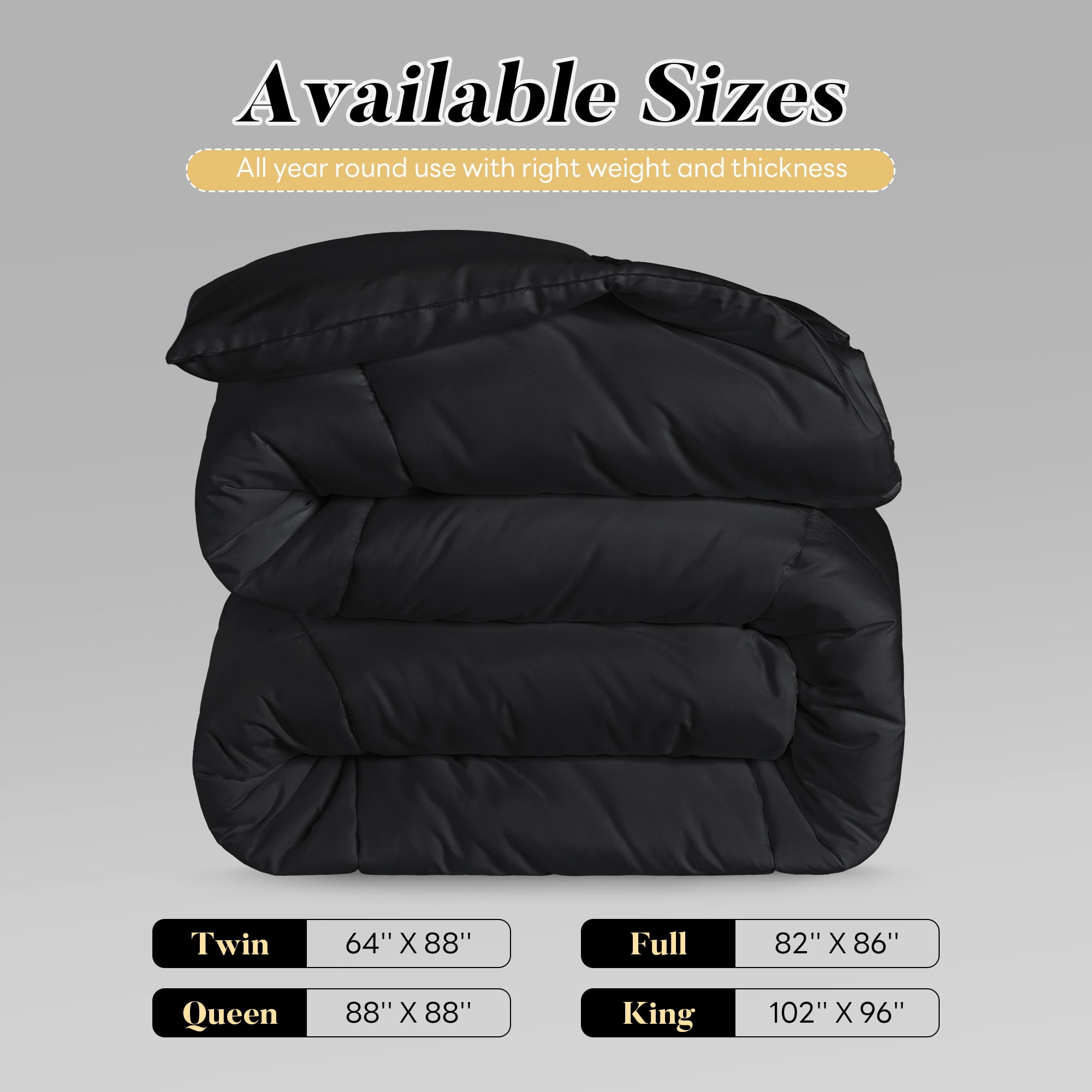 Aquzin Comforter Full Size, All Season Quilted Down Alternative Duvet Insert with Corner Tabs, Machine Washable Microfiber Bedding, Black