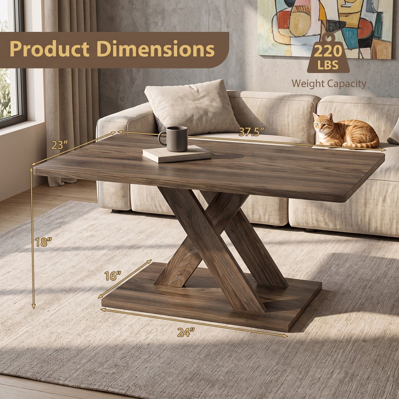 Furnibear 37.5 Inch Rectangular Coffee Table, Modern Rubber Wood Center Table with Wide Stable Base and Anti-Slip Foot Pads for Living Room Bedroom Office, Rustic Brown
