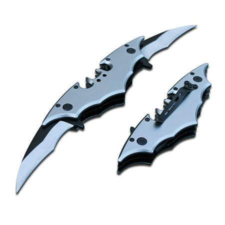 Batman Silver Bat Folding Dual Twin Double Blade Spring Assisted Pocket Knife Tactical Belt