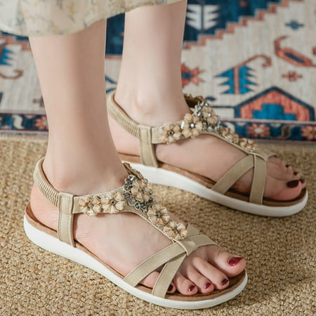 

ZHELIYO Women s sandals Women Sandals Fashion New Pattern Style Rhinestone Decoration Casual Bohemian Style Beach Slippers Comfortable Flat Sandals Beige 7