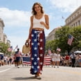 thumbnail image 4 of America 250 Pants for Women Patriotic Star USA Flag Print Elastic High Waist Pajama Bottoms Slit Baggy Wide Leg Relaxed Fit Home Wear Pants, #01 Red, XL, 4 of 6