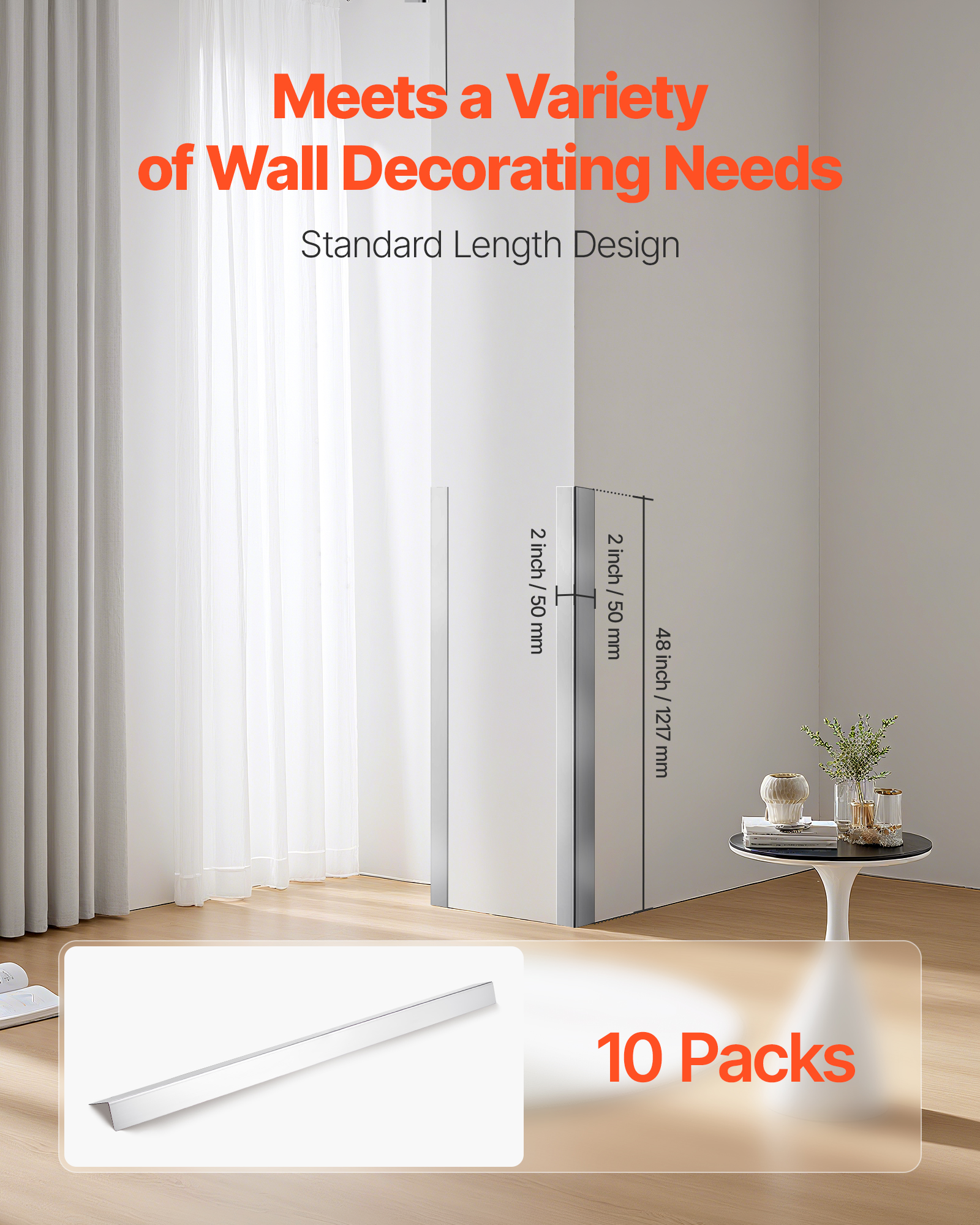 VEVOR Stainless Steel Wall Corner Protector, 2 x 2 x 48 inch, 10 Pack Metal Corner Guards, 304 Stainless Steel Edge Trim 90-Degree Angle for Home,Office,Commercial Wall Protection, with 3m Tape