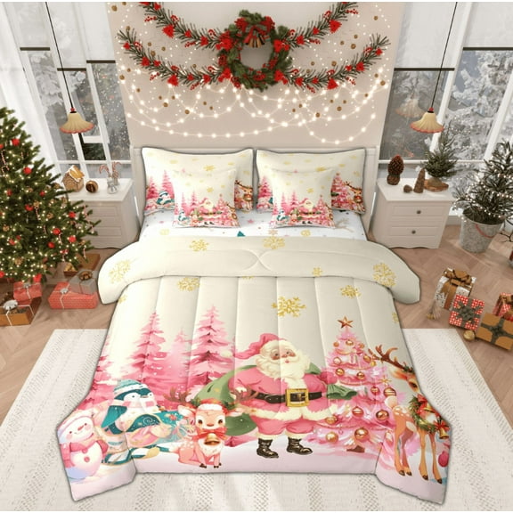 Manfei Cartoon Santa Claus Twin Bedding Sets 7-Piece for Kids, Pink Christmas Tree Bedding Comforter Set, Kawaii Reindeer Penguin Snowman Reversible Sheet Sets, Luxury Bedroom Decor