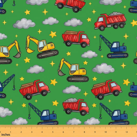 Erosebridal Green Construction Vehicle Fabric by the Yard 1 Yard, Excavator Dump Truck Home Decor Fabric by the Yard