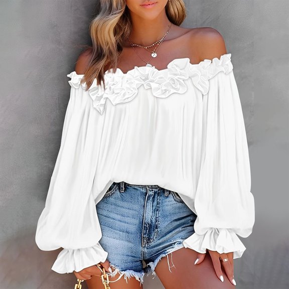 Aimik Women's Off Shoulder Ruffle Chiffon Blouse Summer Solid Long Puff Sleeve Casual Beach Top Loose Soft Comfort Blouse