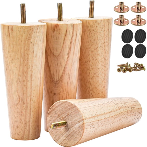 6 inch Solid Wood Furniture Legs, 4Pcs Mid-Century Modern Wooden Replacement Feet with Threaded 5/16'' Hanger Bolts & Mounting Plate & Screws for Sofa Couch Armchair Cabinet TV Stand