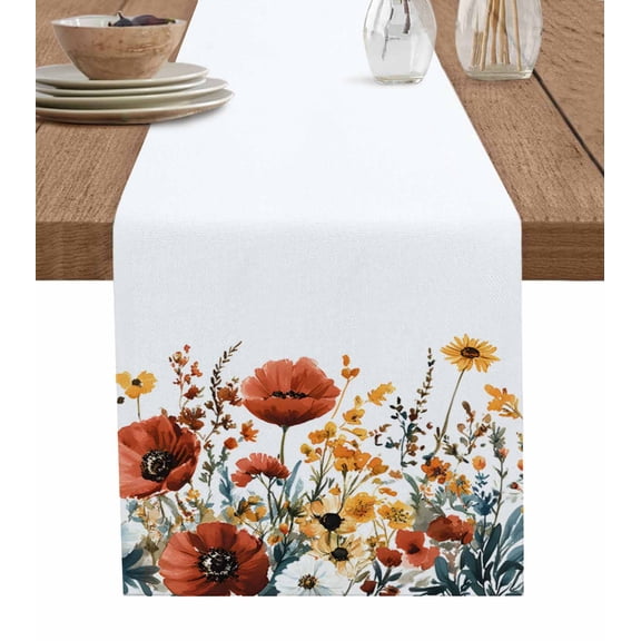 Red Poppy Sunflowers Table Runner 72 Inches, Pastoral Spring Floral Bed Runner Dresser Scarves Tabletop for Indoor Outdoor Parties/Ceremony/Banquet, 13" x 72"