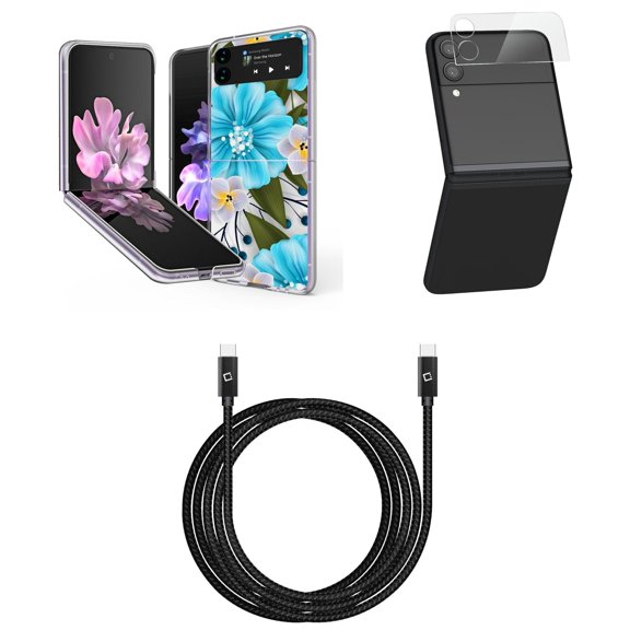 Bemz Premium Bundle for Samsung Galaxy Z Flip 3 5G: Slim Snap-On Protector Case (Blue Flower), Rear Camera Glass Protector, Nylon Braided USB-C to USB-C Cable (4 Feet)