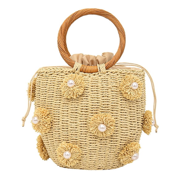 Women Straw Bucket Bag with Pearls, Drawstring Woven Wrist Bag, Bohemian Summer Beach Handbag (Beige)
