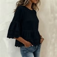 thumbnail image 4 of Lenpel Womens Cotton Linen Tops Fall 3/4 Length Sleeve Crew Neck Peplum Blouses Casual Fashion Hollow out Shirts, 4 of 7