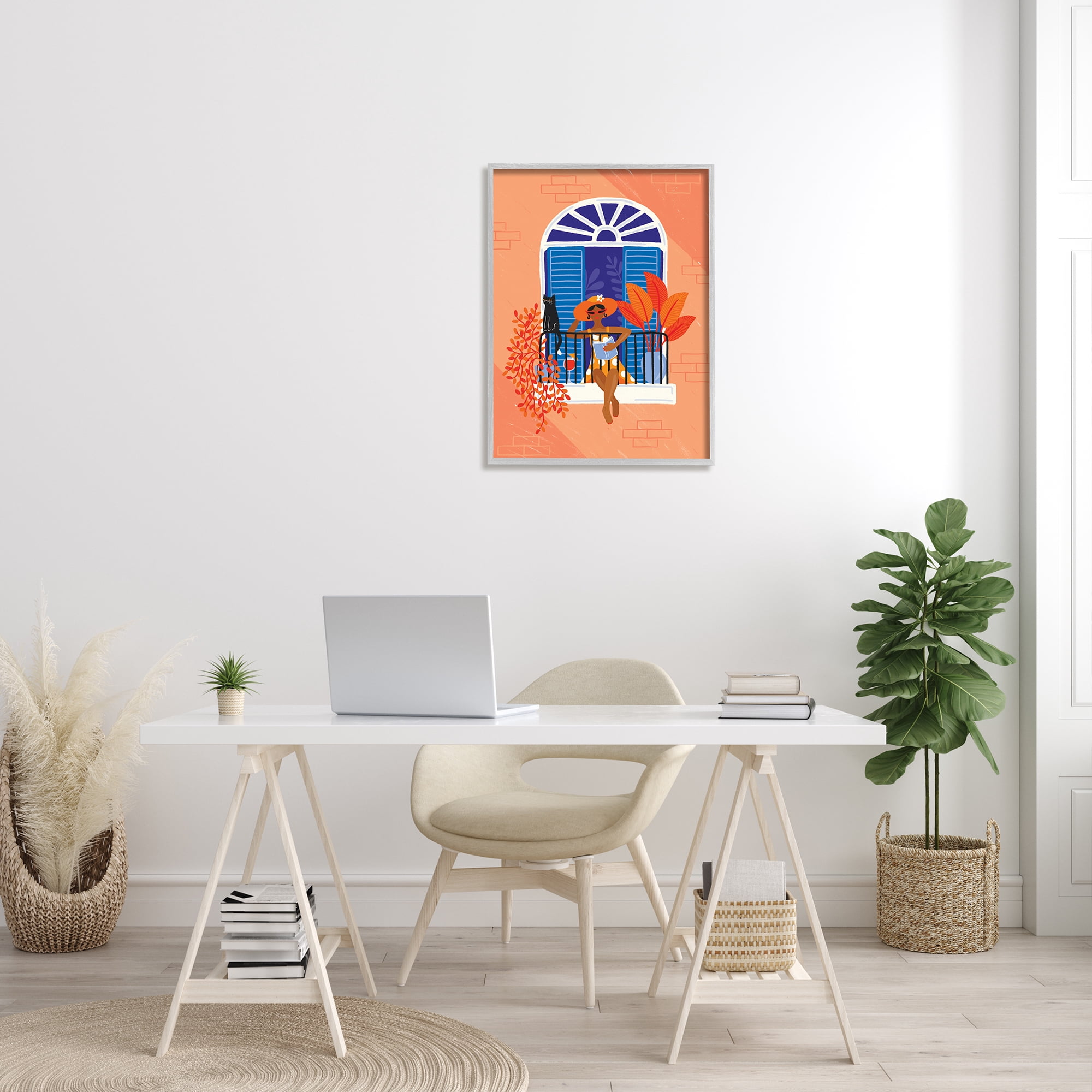 Stupell Home Décor Industries Woman Reading Balcony Perched Cat Tropical Plants, 24 x 30, Designed by Make Much Studios
