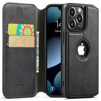 Casus Classic Wallet Case Leather Logo View Card Holder Cover for Apple iPhone 14 Pro - Black
